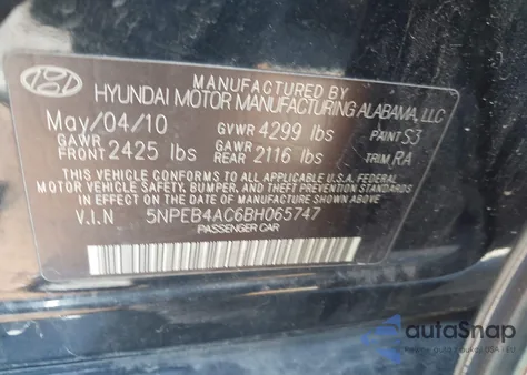 2011 Hyundai Sonata Gls from USA, damaged, VIN 5NPEB4AC6BH065747